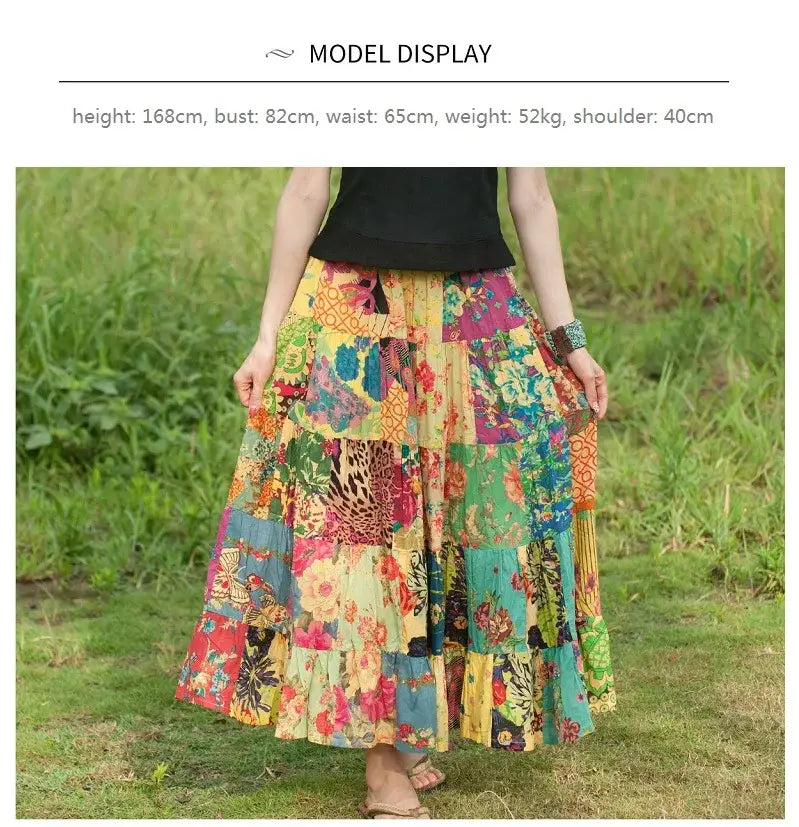 Women’s Bohemian Patchwork Maxi Skirt Holiday Beach Skirt Long Skirts Ethnic Splicing Skirt