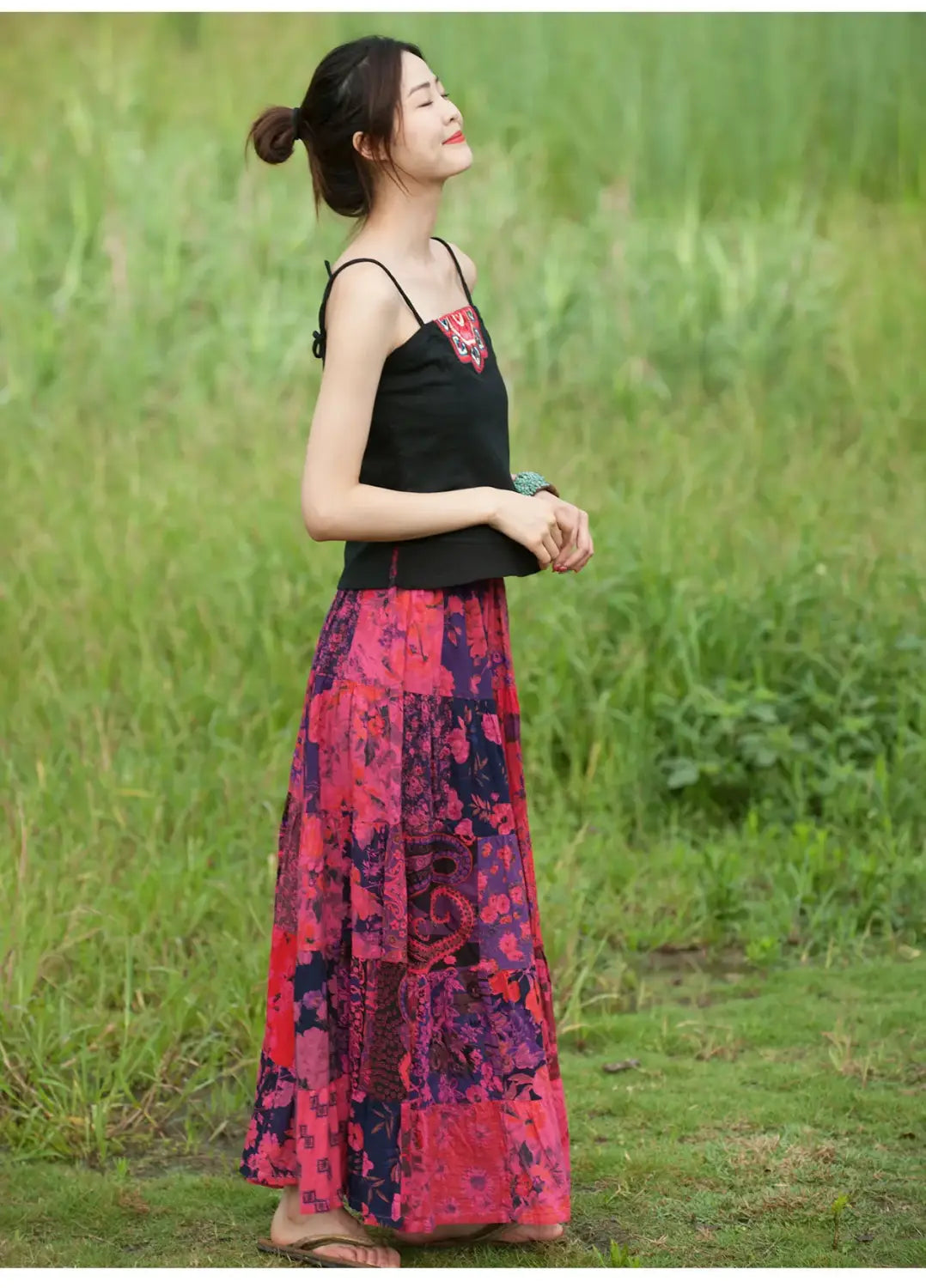 Women’s Bohemian Patchwork Maxi Skirt Holiday Beach Skirt Long Skirts Ethnic Splicing Skirt