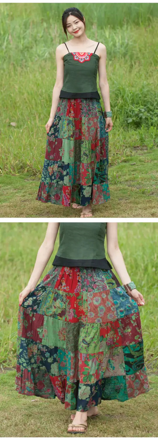 Women’s Bohemian Patchwork Maxi Skirt Holiday Beach Skirt Long Skirts Ethnic Splicing Skirt