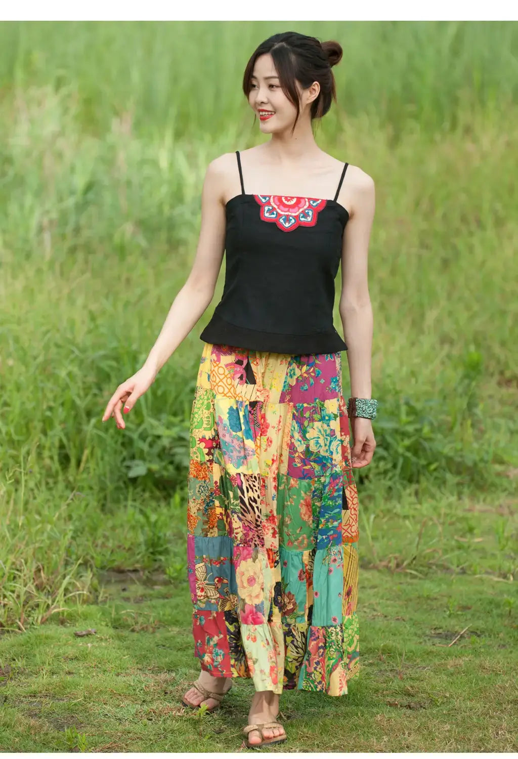 Women’s Bohemian Patchwork Maxi Skirt Holiday Beach Skirt Long Skirts Ethnic Splicing Skirt