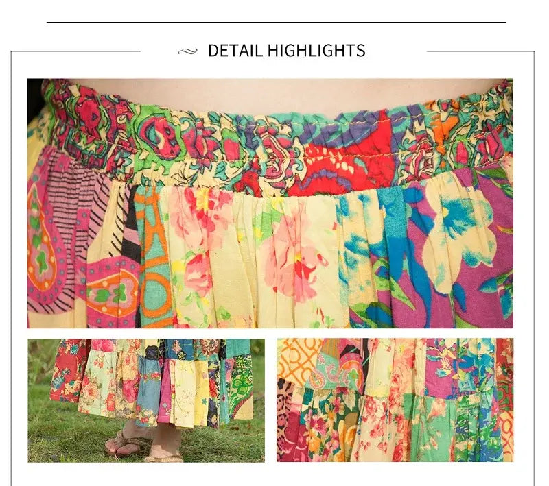 Women’s Bohemian Patchwork Maxi Skirt Holiday Beach Skirt Long Skirts Ethnic Splicing Skirt