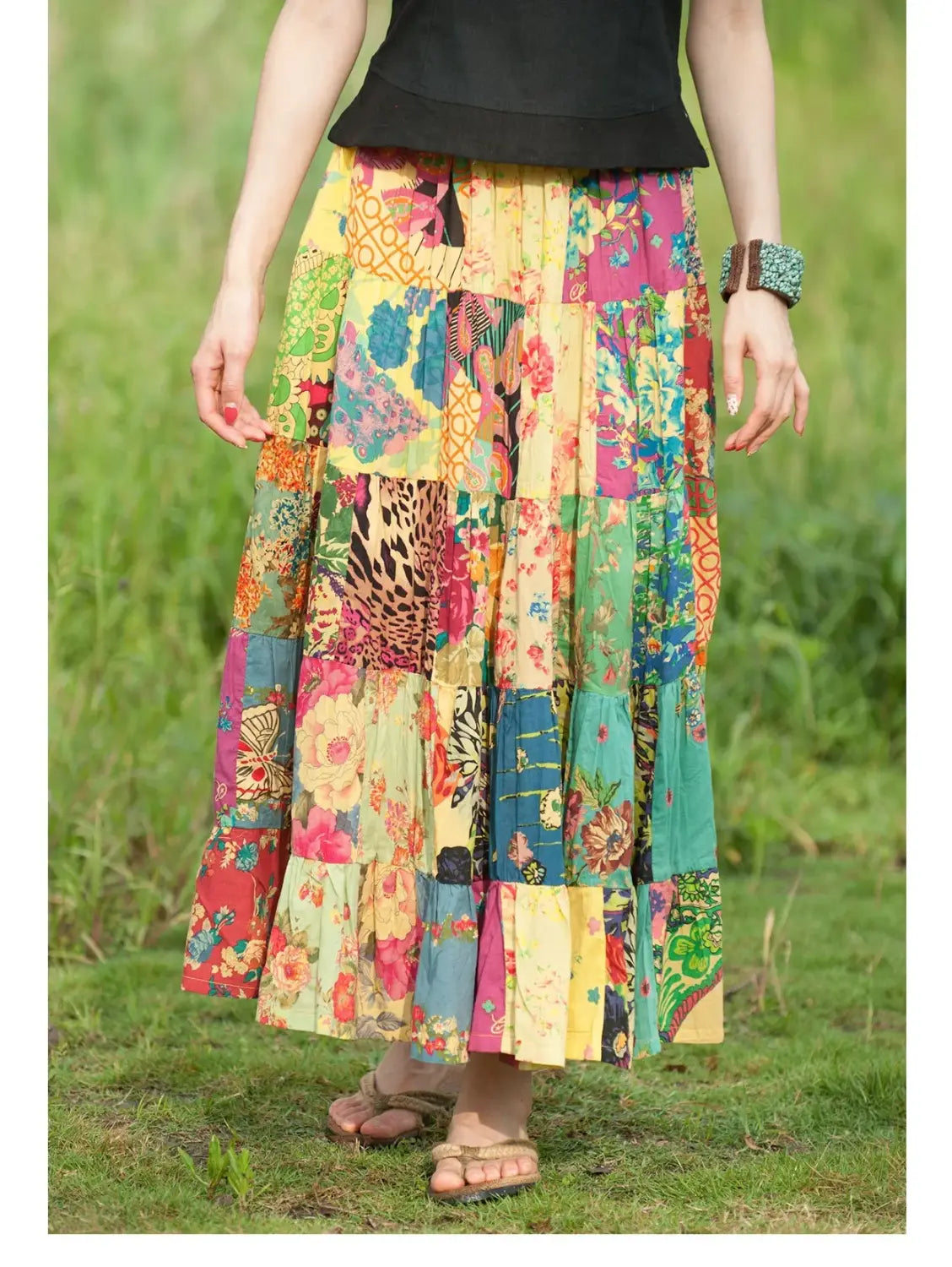 Women’s Bohemian Patchwork Maxi Skirt Holiday Beach Skirt Long Skirts Ethnic Splicing Skirt