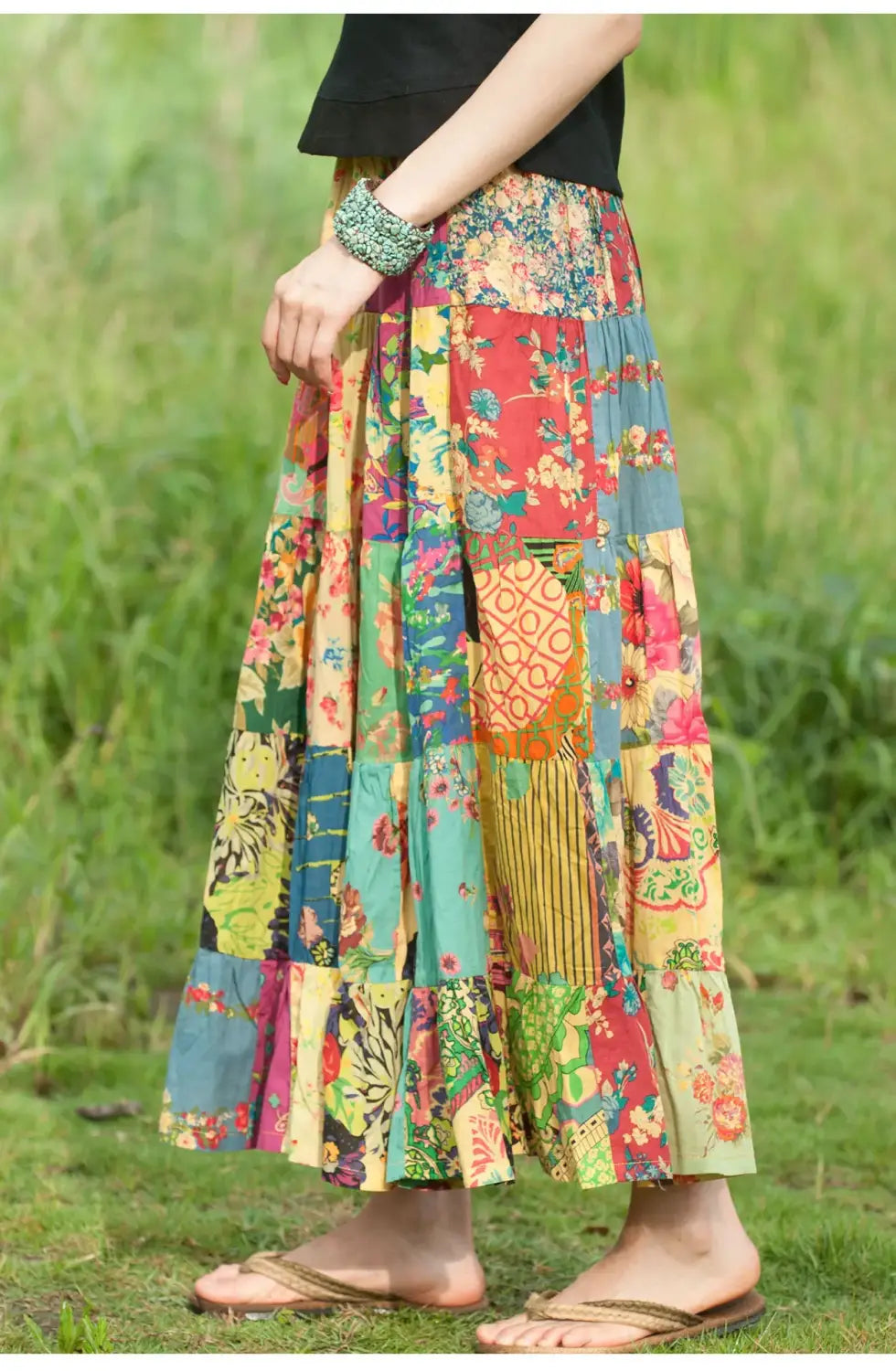 Women’s Bohemian Patchwork Maxi Skirt Holiday Beach Skirt Long Skirts Ethnic Splicing Skirt