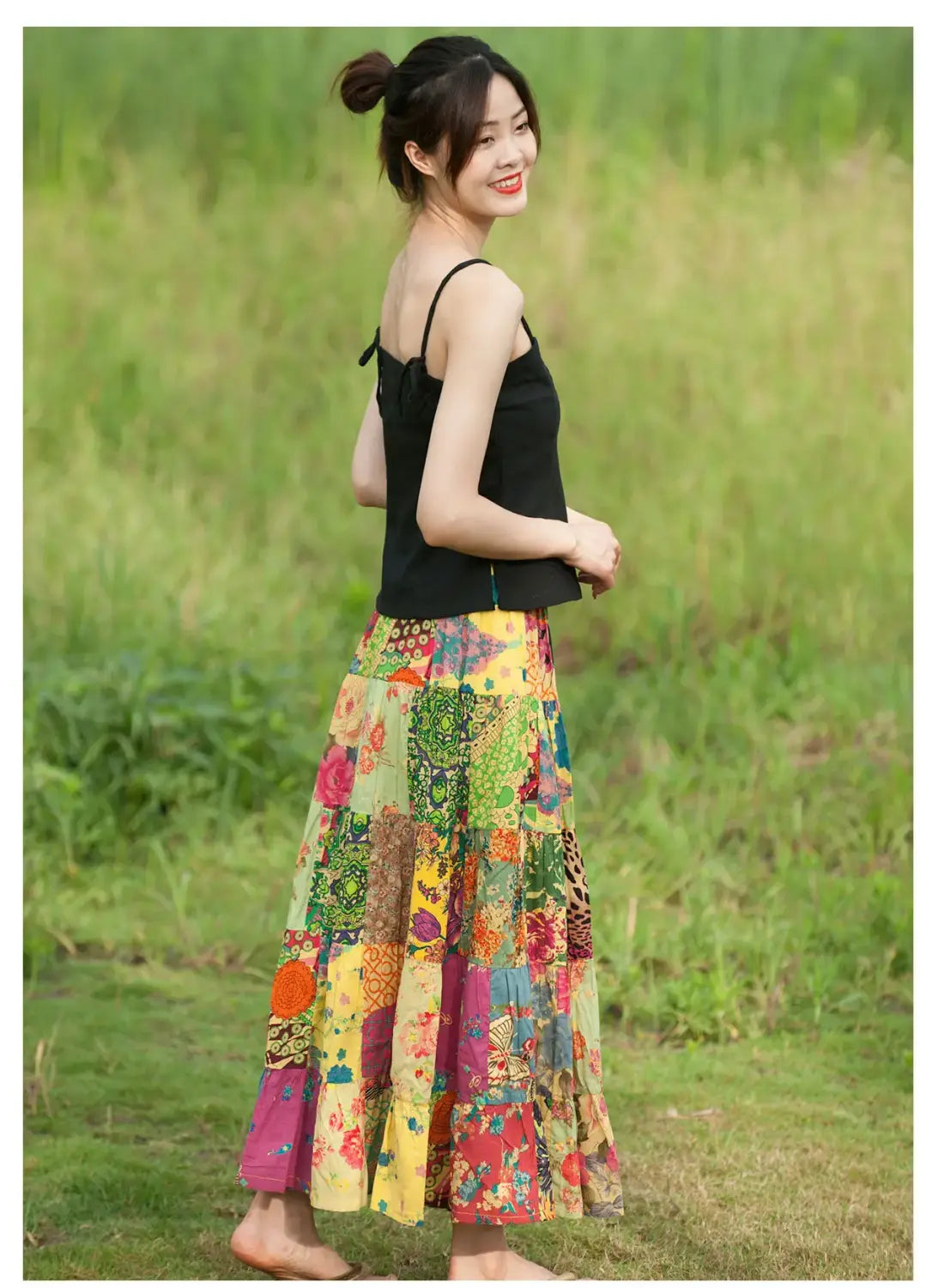 Women’s Bohemian Patchwork Maxi Skirt Holiday Beach Skirt Long Skirts Ethnic Splicing Skirt