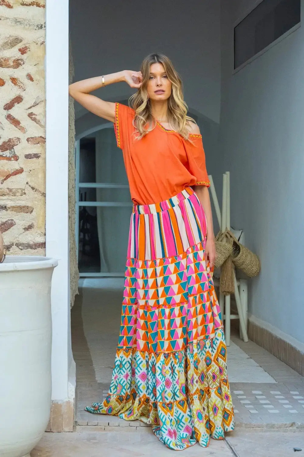 Printed Ruffles A-line Skirt Women Fashion Casual Bohemian Vacation Commuting Style Loose Long Skirts Trendy Female