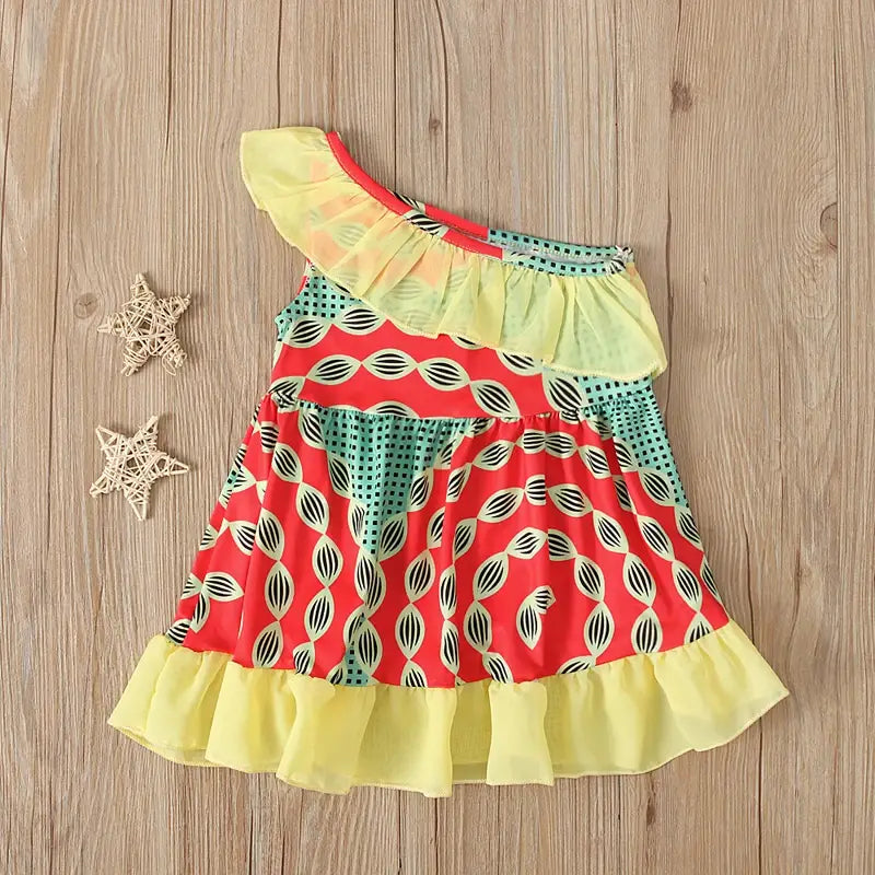 Bohemian Bliss Vibrant Curled Shoulder Summer Dress for Girls Boutique Wear for the Stylish Eco Mom