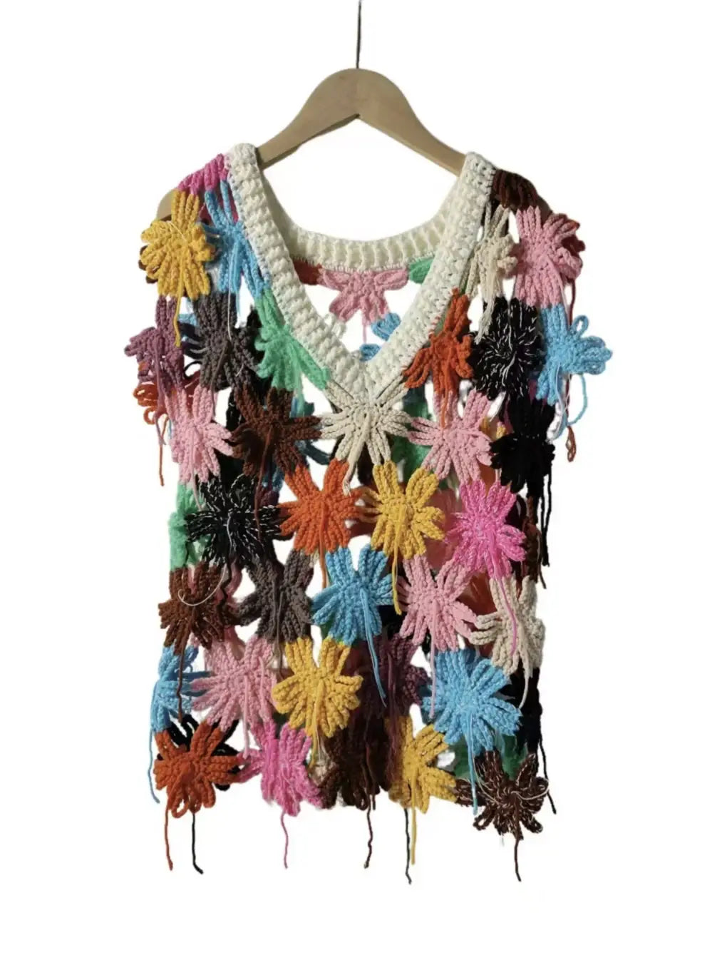 Boho Bloom Handmade Crochet Floral V-Neck Vest Vibrant Sustainable