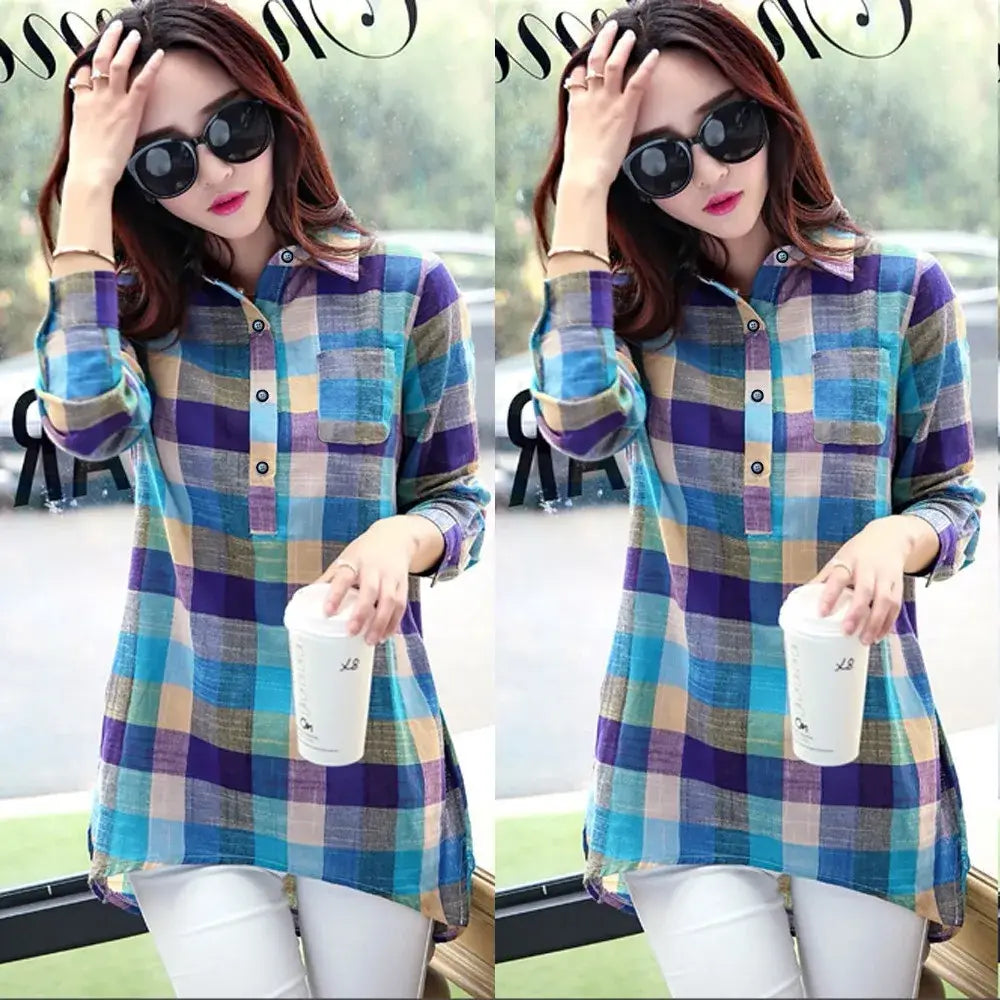 Women’s Shirt Tops Spring Summer Fashion Plaid V Neck Button Up Shirt Shirt Casual Loose Long Sleeve Pocket Versatile