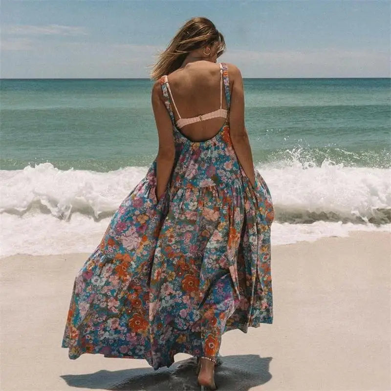 Summer Bohemian Floral Long Dress - Elegant Backless Strap Maxi Swing Beach Dress for Women