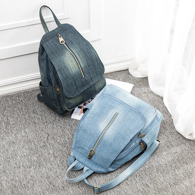 Luxury Women's Denim Backpack - Large Capacity Daypack & Travel Rucksack, Light Blue Quality Student School Bag