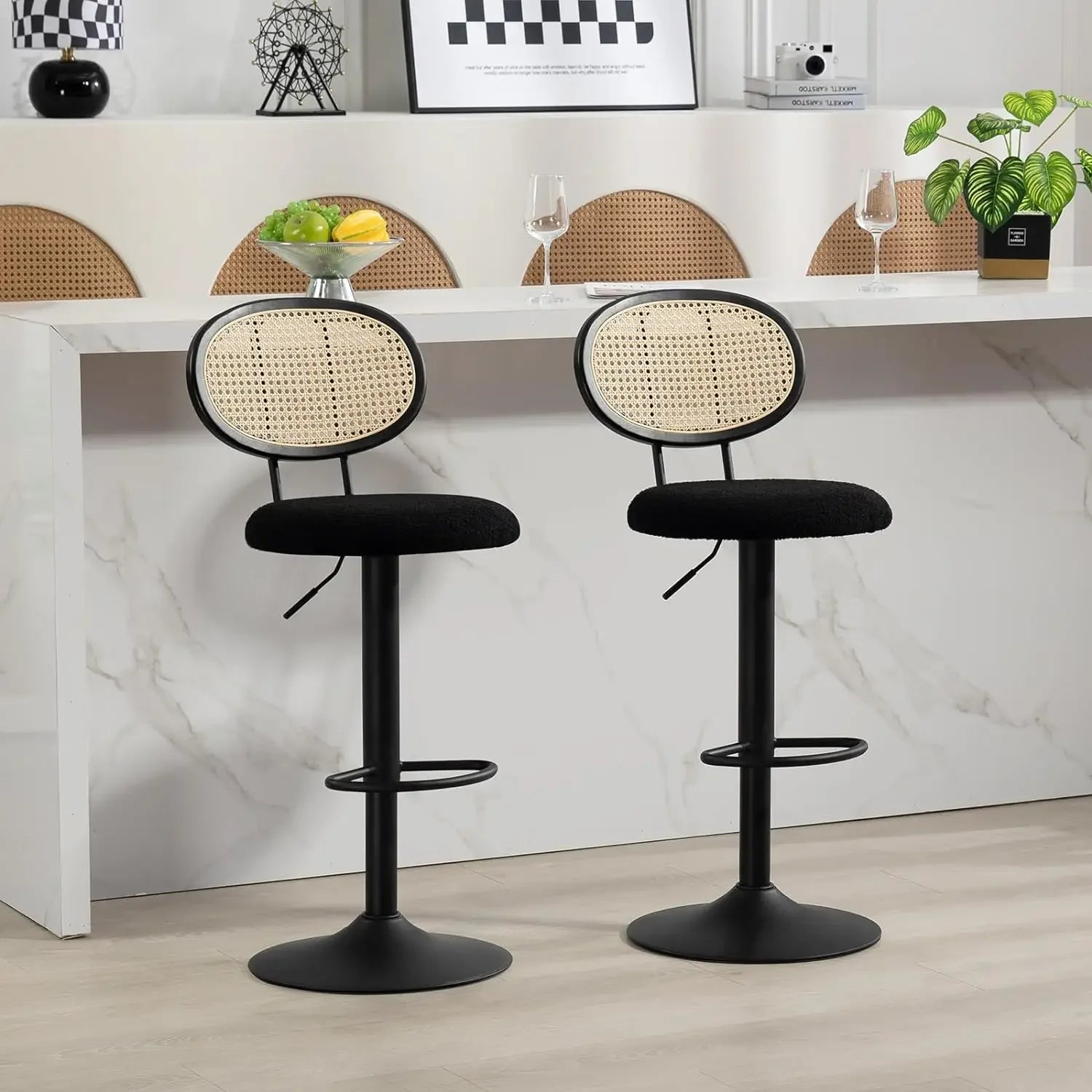 Set of 2 Modern Rattan Bar Stools – Natural Woven Swivel Seat with Adjustable Height, Cane Backrest, and Footrest for Kitchen Island, Home Bar