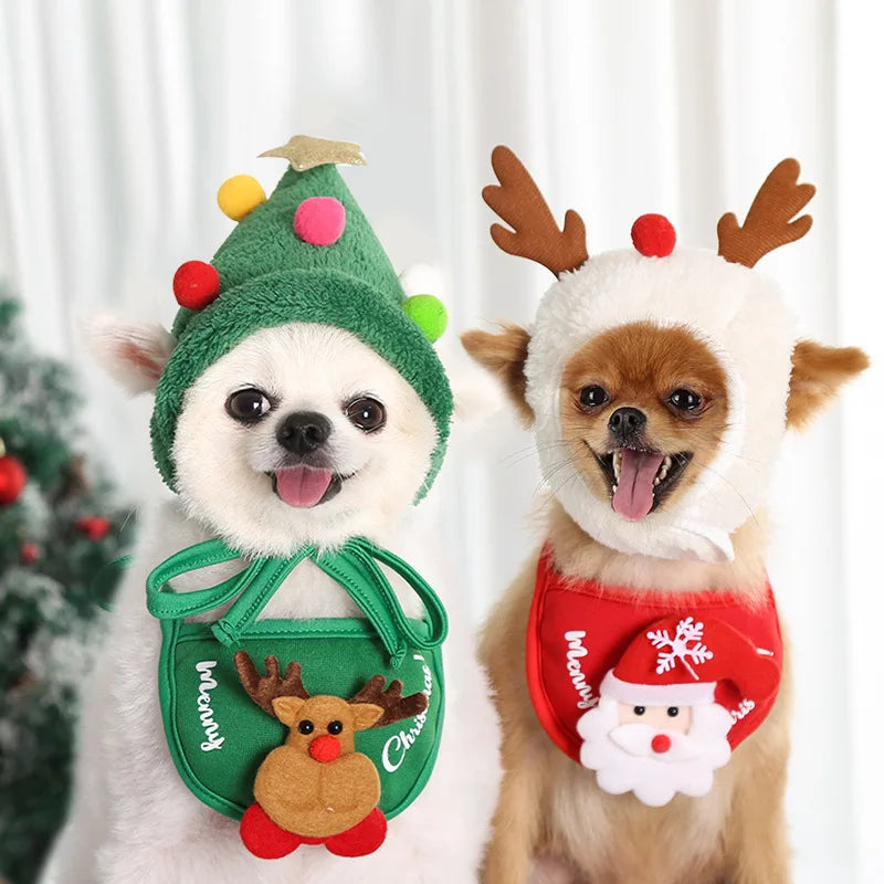 Christmas Pet Hat with Cartoon Antlers & Saliva Towel - Festive Scarf Accessory for Cats & Dogs, Autumn & Winter Dress-Up Supplies