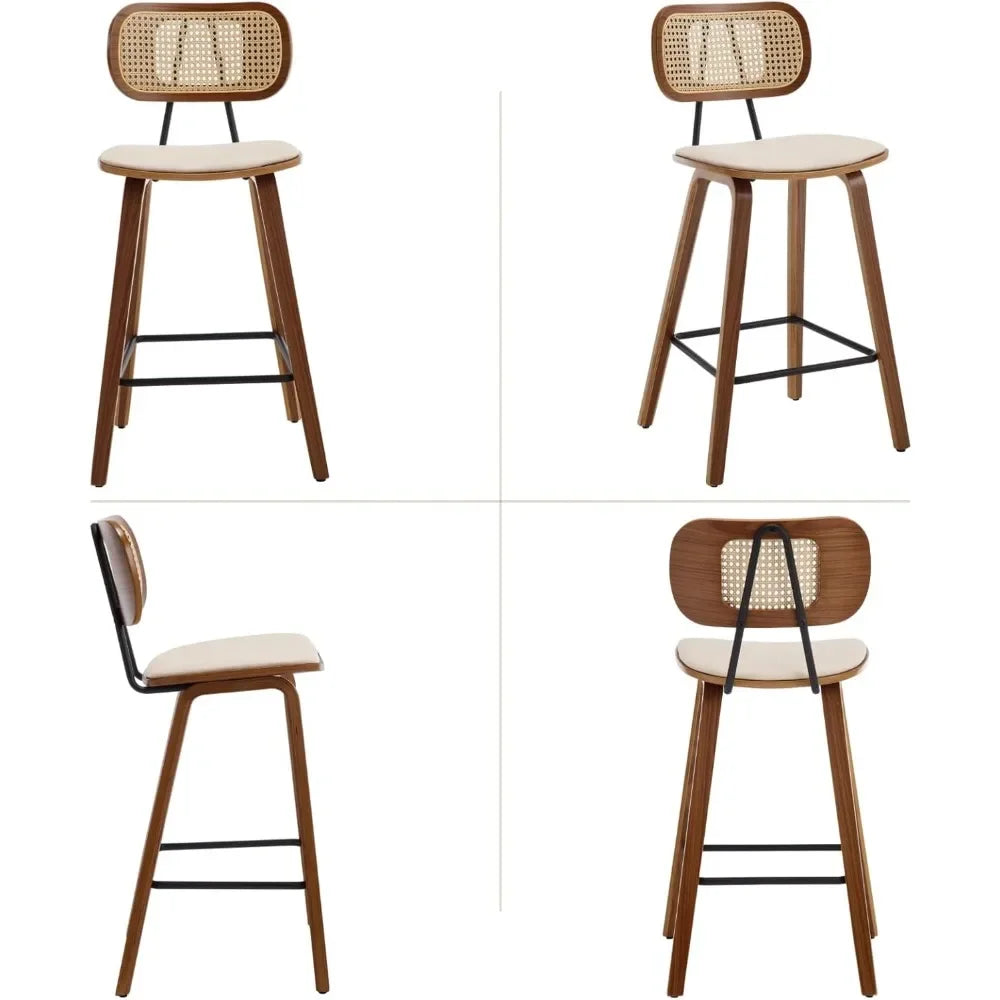 Set of 2 PU Leather Barstools - 26 Inch Armless Bar Chairs with Open Rattan Backrest & Wooden Legs for Kitchen Island or Dining Room