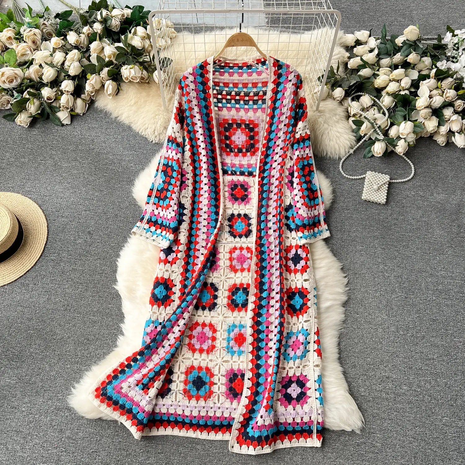 Boho Eco Knit Long Cardigan Elegant Long Sleeve Hook Hollow Out Design Retro Ladies Casual Sweater Open Front