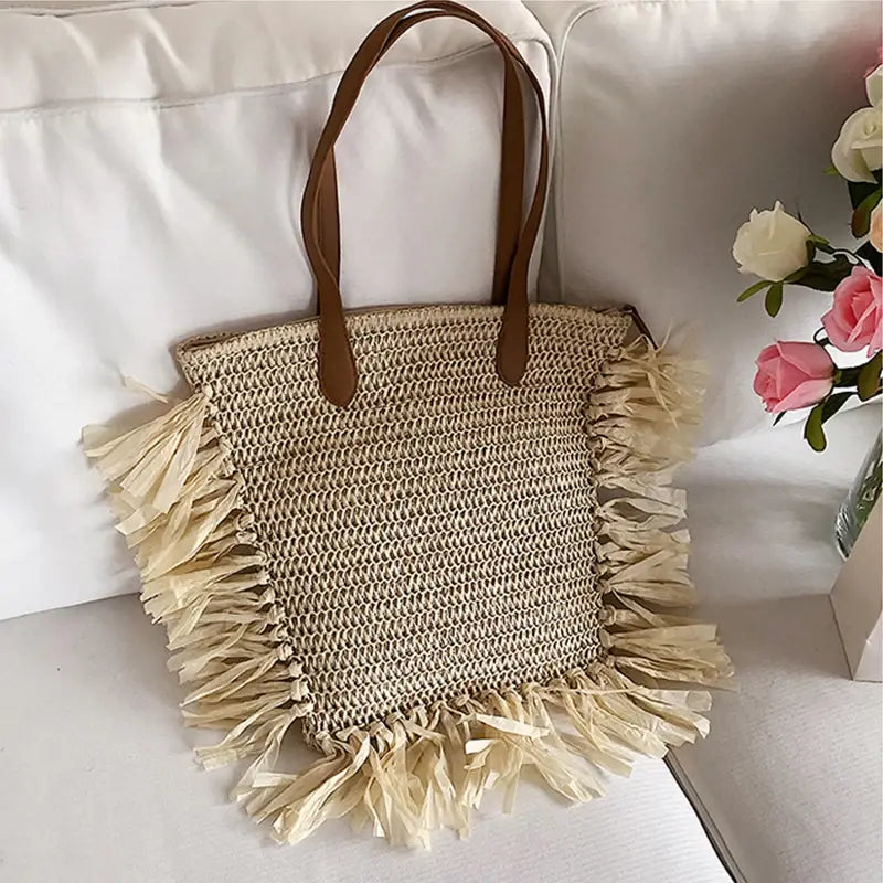 EcoChic Boho Tassel Tote Large Capacity Straw Shoulder Bag for Summer Adventures