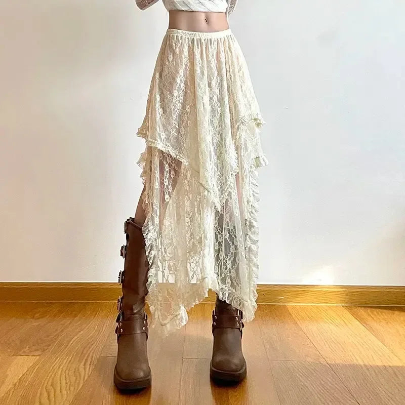 Lace Asymmetrical Skirt - High Waist Vintage Y2K Boho Aesthetic Midi Skirt for Women, Fairycore Holiday Outfit