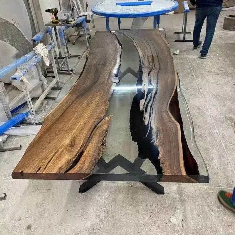 Solid Walnut Wood Dining Table with Epoxy Resin River Design – Perfect for Cafes, Kitchens, Restaurants, and Coffee Shops