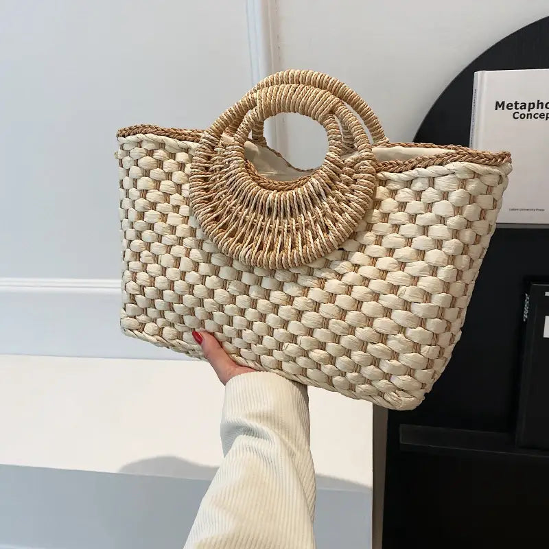 Boho Straw Bag Women Summer Handbag Half Moon Shape Rattan Woven Shopper Bag Large Capacity Beach Bag Vacation Tote Bag