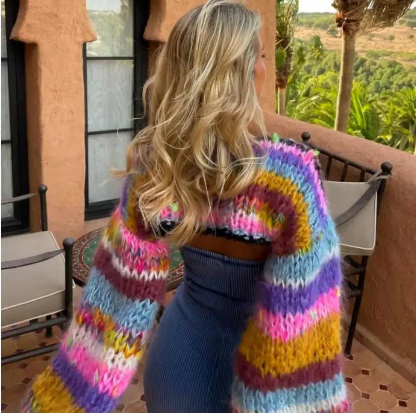 EcoBoho Vibrant Organic Stripe Knit Crop Sweater Autumn Boho Chic Essentials Casual O-Neck Long Lantern Sleeve Pullover