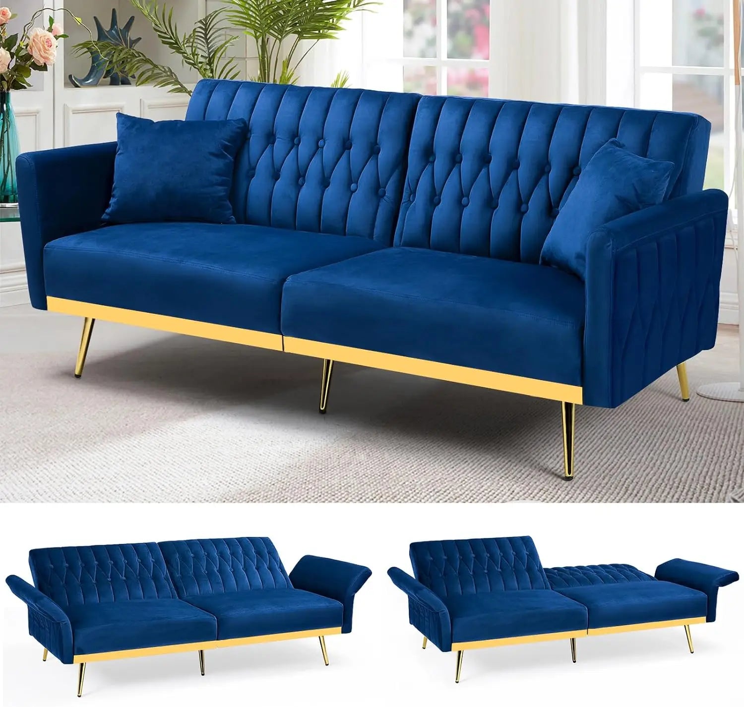 70-Inch Velvet Convertible Futon Sofa Bed with Adjustable Backrests & Armrests – Tufted Sleeper Couch with Two Pillows