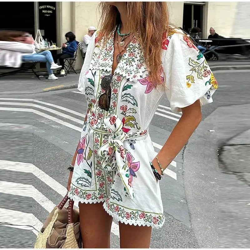 Women Fashion Printed Lace-up Jumpsuit Casual V-neck Puff Short Sleeve High-waist Romper 2024 Summer Lady Elegant