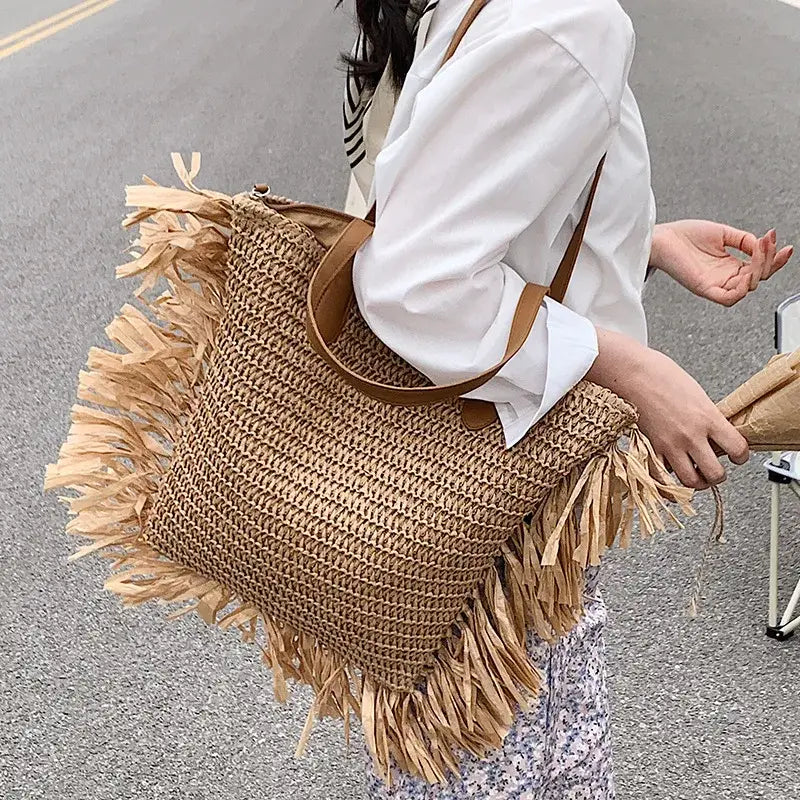 EcoChic Boho Tassel Tote Large Capacity Straw Shoulder Bag for Summer Adventures