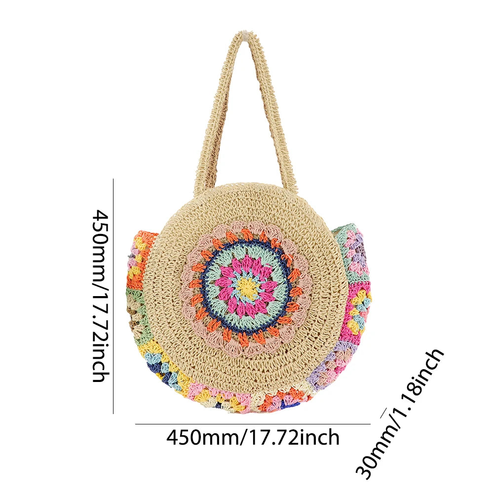 Handmade Woven Beach Underarm Bag - Large Capacity Ethnic Style Round Straw Tote for Women, Fashionable Shoulder Bag