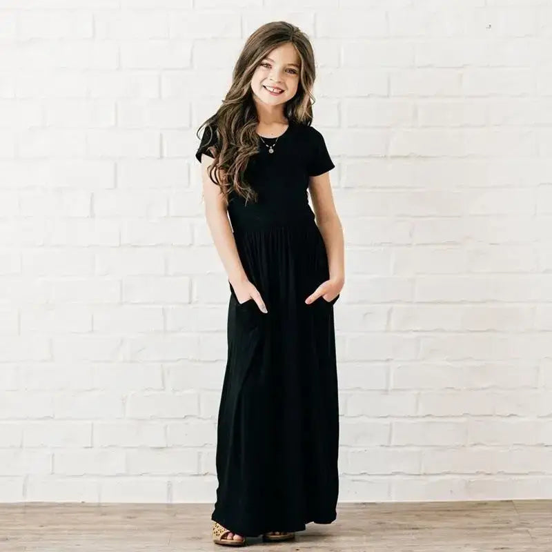 Girls New Solid Color Short Sleeved Long Dress Beach Party Birthday Casual Fashion Show Versatile A-Line Dress