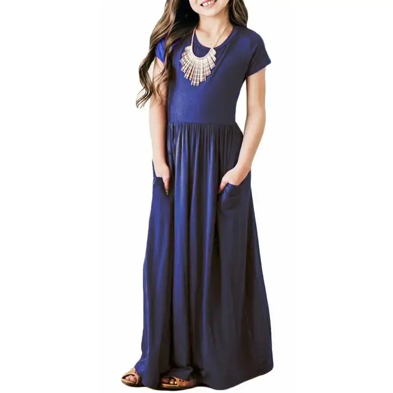 Girls New Solid Color Short Sleeved Long Dress Beach Party Birthday Casual Fashion Show Versatile A-Line Dress