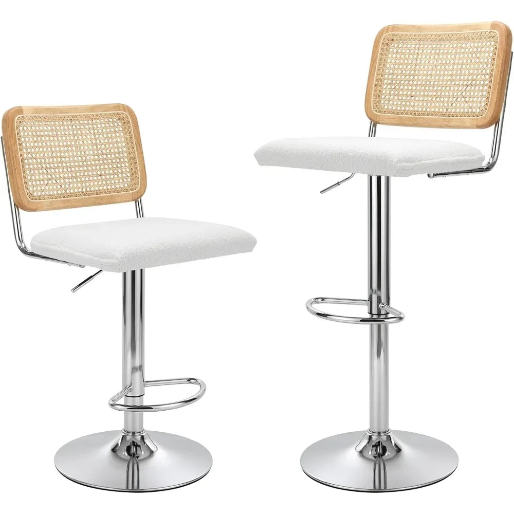 Set of 2 Modern Rattan Bar Stools – Natural Woven Swivel Seat with Adjustable Height, Cane Backrest, and Footrest for Kitchen Island, Home Bar