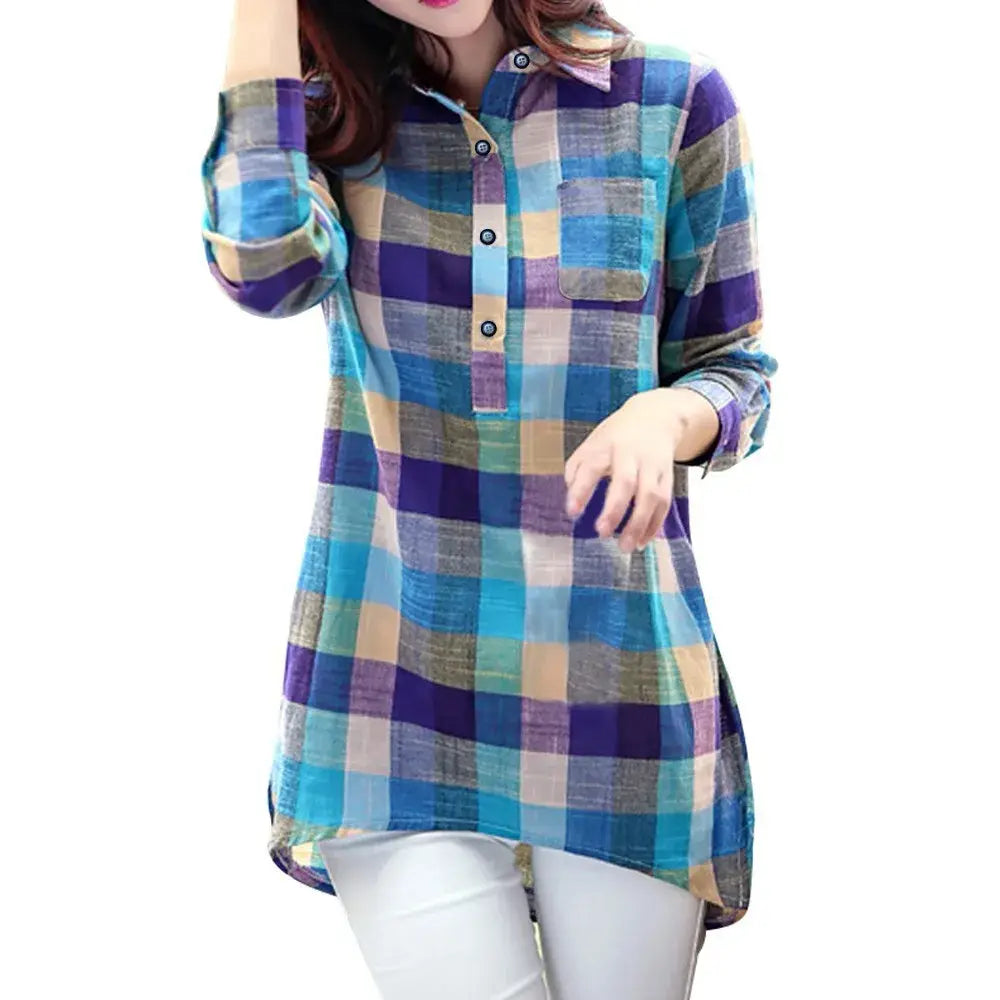 Women’s Shirt Tops Spring Summer Fashion Plaid V Neck Button Up Shirt Shirt Casual Loose Long Sleeve Pocket Versatile