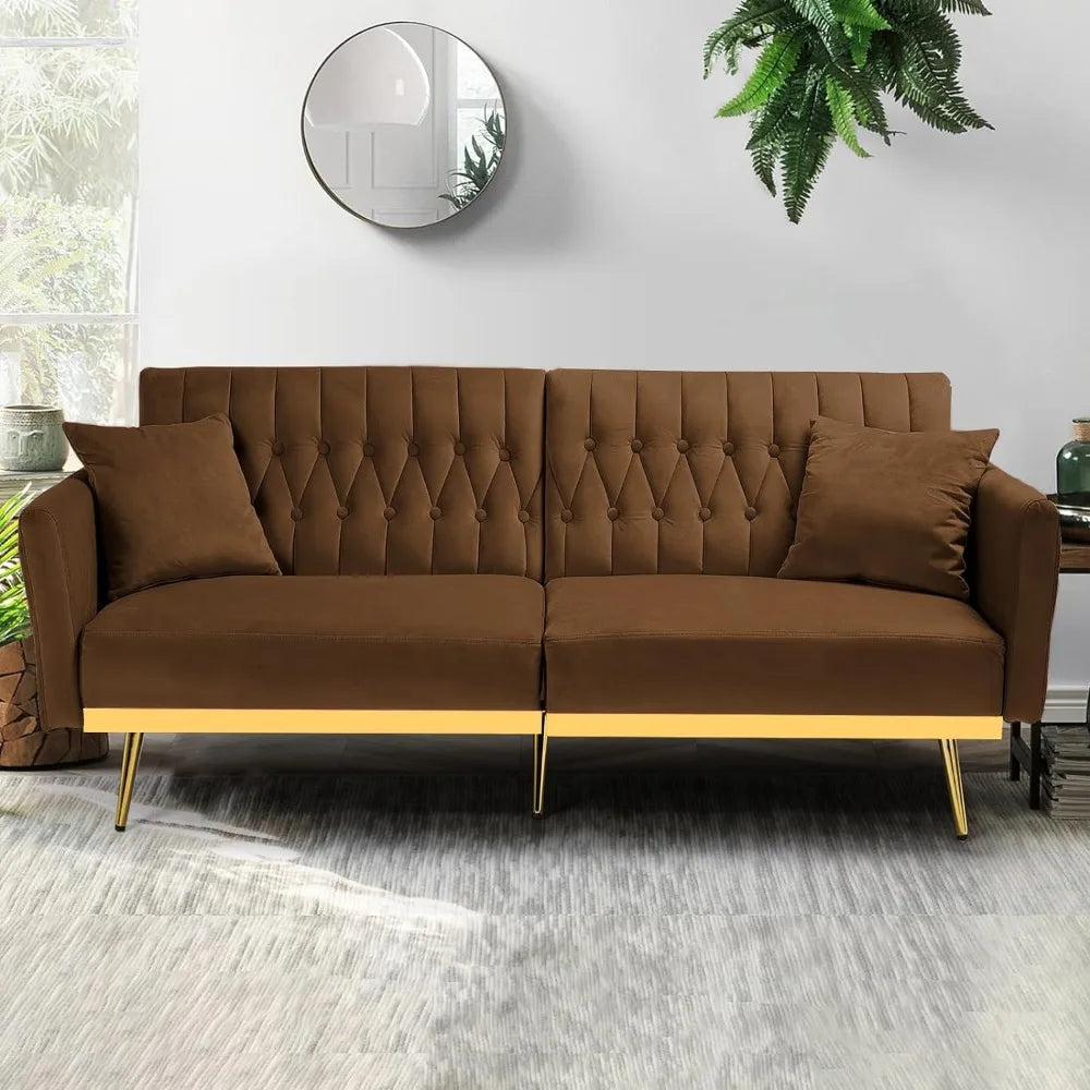 70-Inch Velvet Convertible Futon Sofa Bed with Adjustable Backrests & Armrests – Tufted Sleeper Couch with Two Pillows