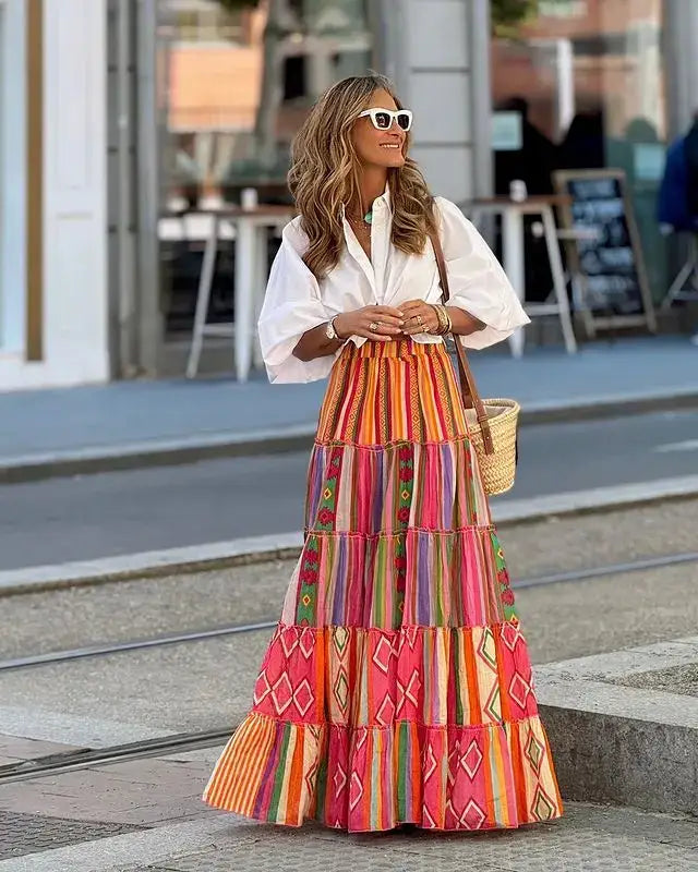 Printed Ruffles A-line Skirt Women Fashion Casual Bohemian Vacation Commuting Style Loose Long Skirts Trendy Female