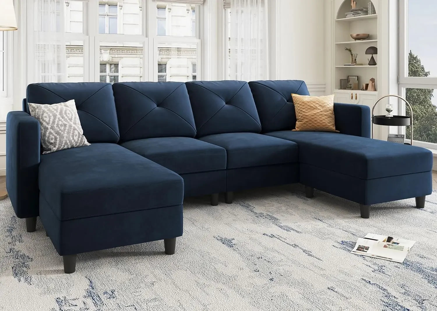 Dark Blue Velvet U-Shaped Sectional Sofa with Chaise – 4-Seat Comfortable Modern Couch for Living Room