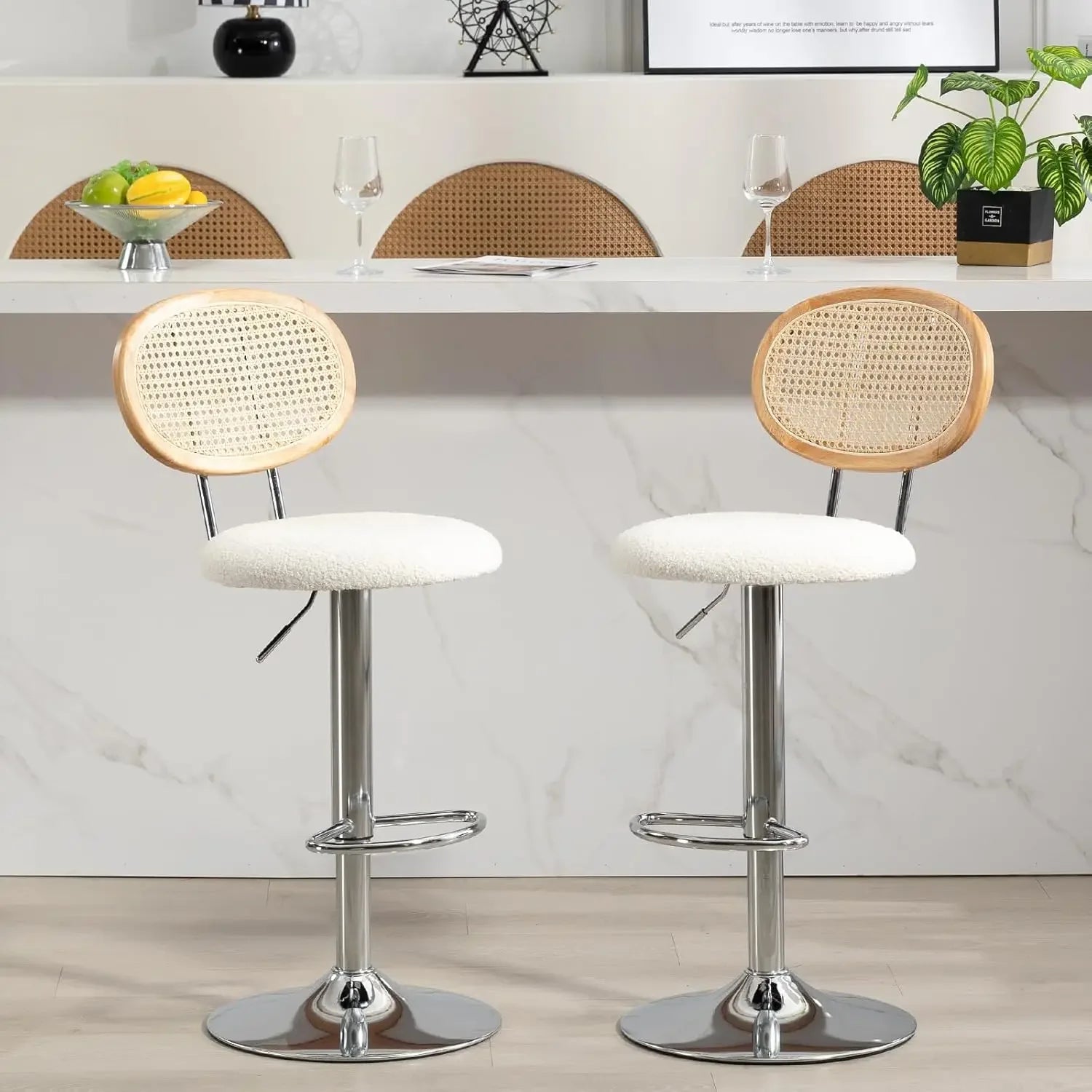 Set of 2 Modern Rattan Bar Stools – Natural Woven Swivel Seat with Adjustable Height, Cane Backrest, and Footrest for Kitchen Island, Home Bar