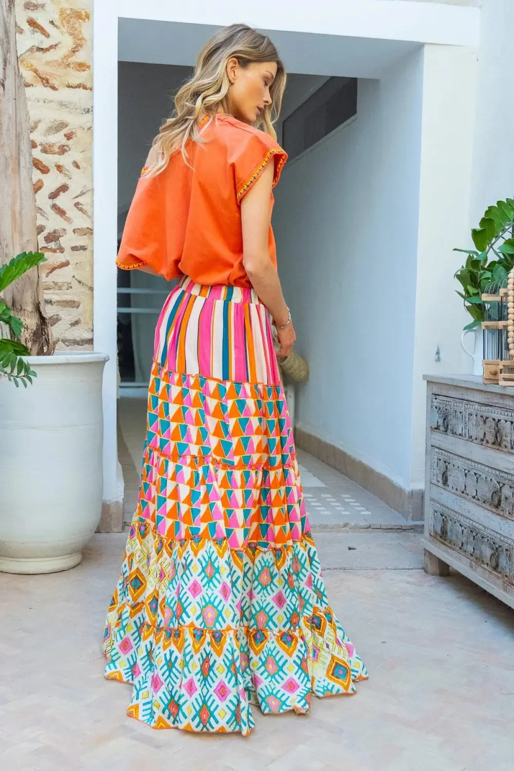 Printed Ruffles A-line Skirt Women Fashion Casual Bohemian Vacation Commuting Style Loose Long Skirts Trendy Female