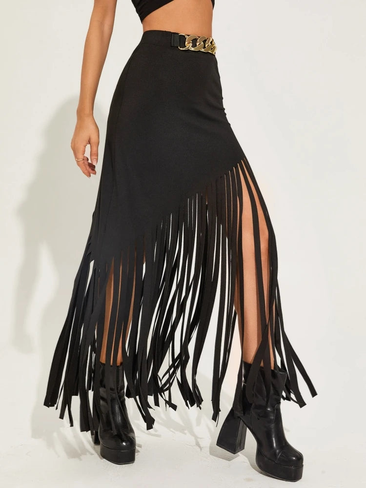 Women's Fringe Bodycon Maxi Skirt - High Waist Tassel Chain Black Long Skirt for Elegant Evening Wear