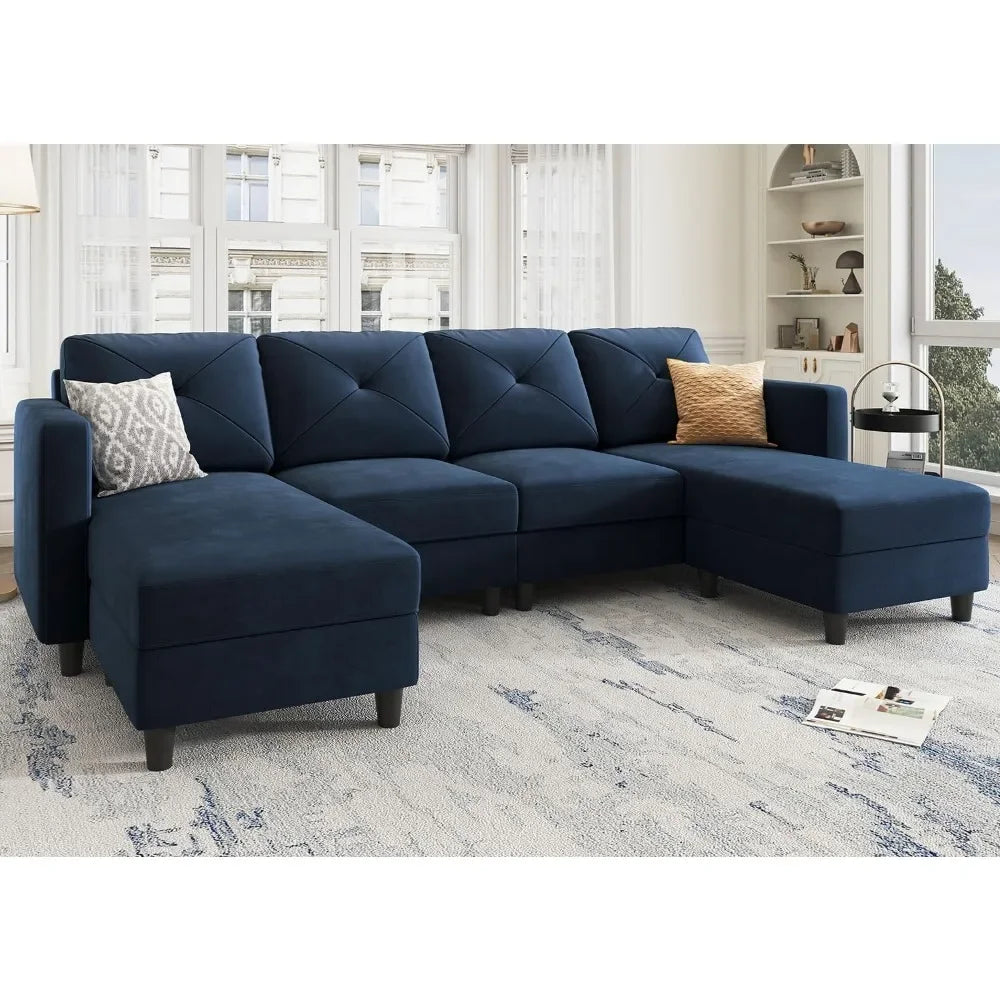 Dark Blue Velvet U-Shaped Sectional Sofa with Chaise – 4-Seat Comfortable Modern Couch for Living Room