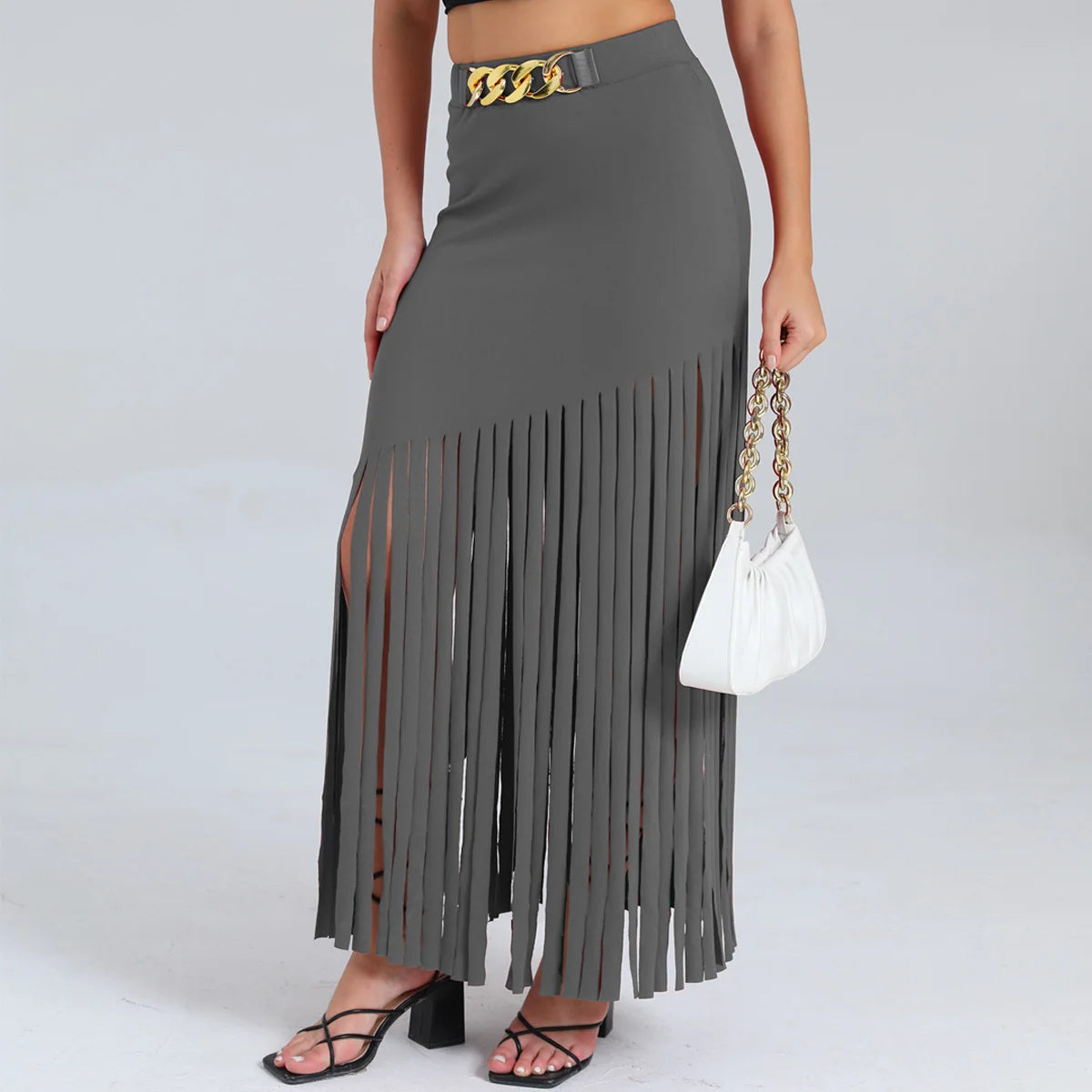 Women's Fringe Bodycon Maxi Skirt - High Waist Tassel Chain Black Long Skirt for Elegant Evening Wear