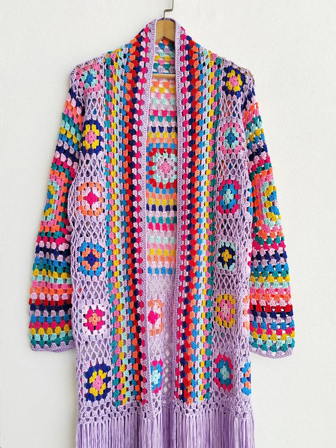 Women’s Cardigan Handmade Crochet Beach Cover Up Coat Loose and Irregular Tassel Shirt Tie Up Vibrant Colors