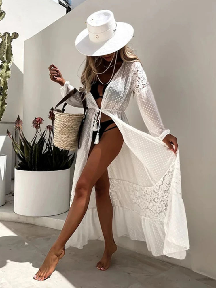 Beach Kimono Cover Ups for Women - Lace Patchwork Chiffon Wrap Dress, Self-Belted, Elegant White & Black Swimwear Cover Up for 2024