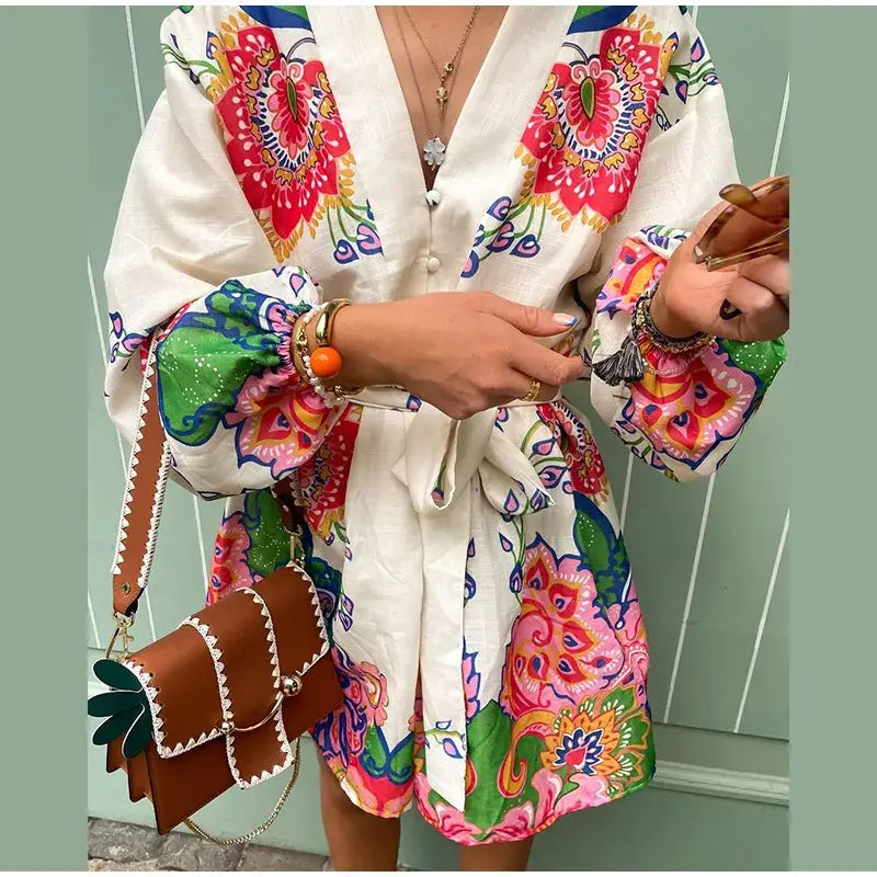 Women Fashion Printed Lace-up Jumpsuit Casual V-neck Puff Short Sleeve High-waist Romper 2024 Summer Lady Elegant