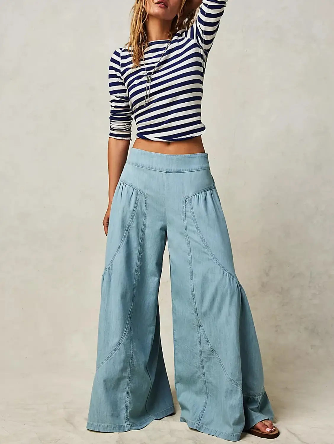 Radiant Boho EcoChic Casual Solid Color Pants Women’s Wide Leg Spliced Trousers with Pocket