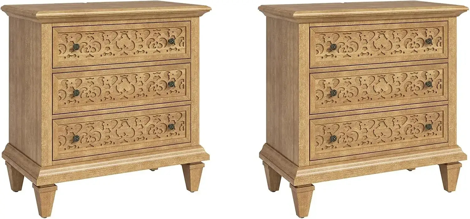 Bohemian Hand carved Nightstand Built-in Outlets Bedside Furniture End Table for Entryway Closet Set of 2 End Table