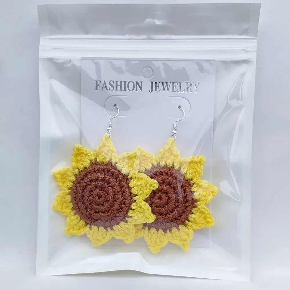 Handmade Knitted Sunflower Dangle Hooks Earrings for Women Fashion Big Flower Drop Accessories Boho Jewelry