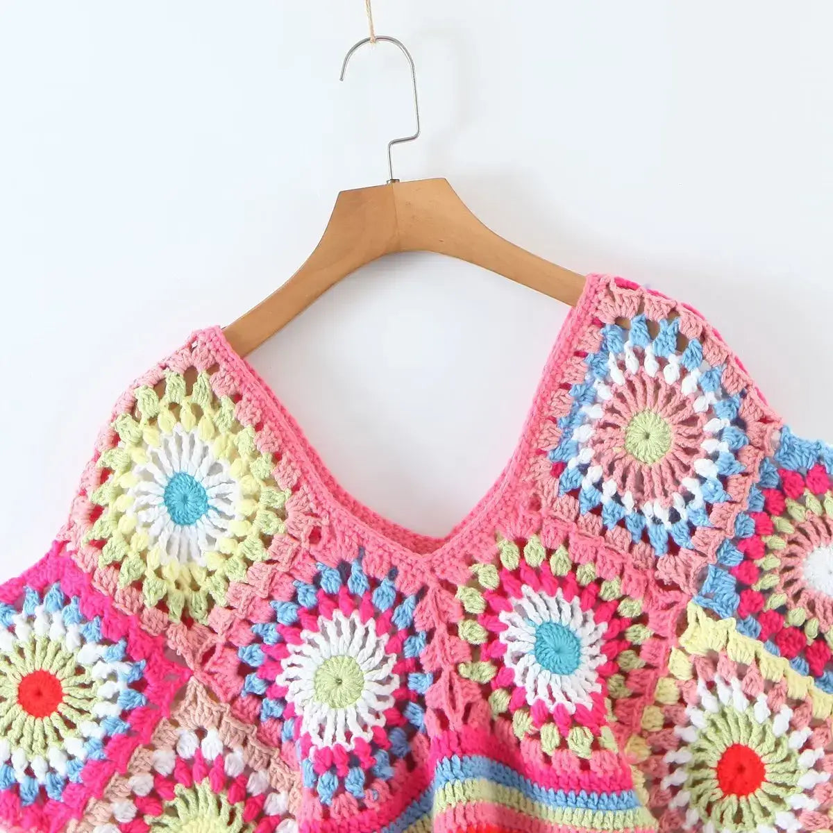 Boho Eco Boutique Women’s Handmade Multicolor Crochet Boho Blouse Sexy Hollow Out Batwing Sleeve Female Crop Top