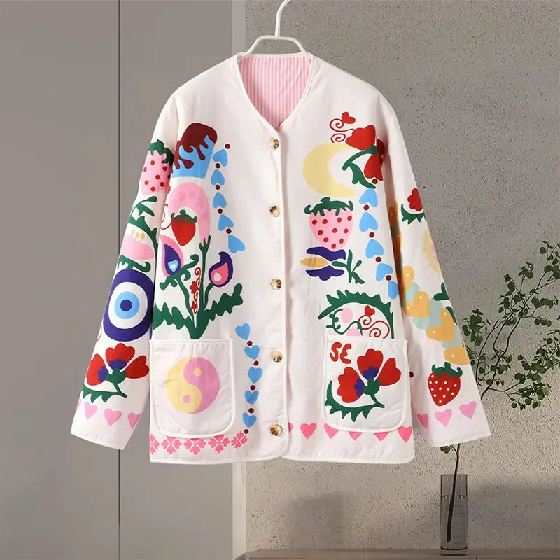 Bohemian Printed Women Jacket O-neck Long Sleeve Single Breasted Female Jackets Winter Coat