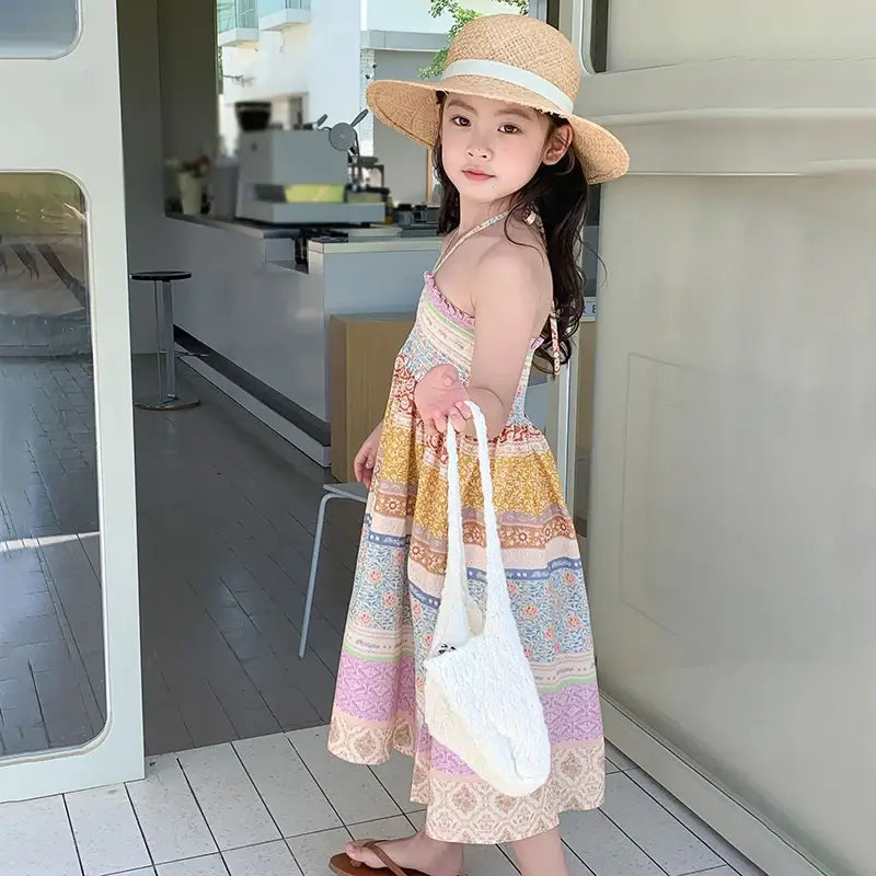 Little Girls Beach Floral Dress Summer Cozy Cotton Smocked Slip Dresses Children Boho Ethnic Style Skirt Toddler