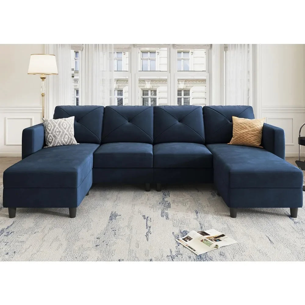 Dark Blue Velvet U-Shaped Sectional Sofa with Chaise – 4-Seat Comfortable Modern Couch for Living Room