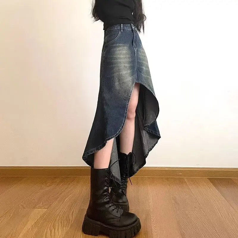 Irregular Vintage Y2K A-Line Denim Skirt for Women - Distressed High Street Hipster Ankle-Length Summer Fashion